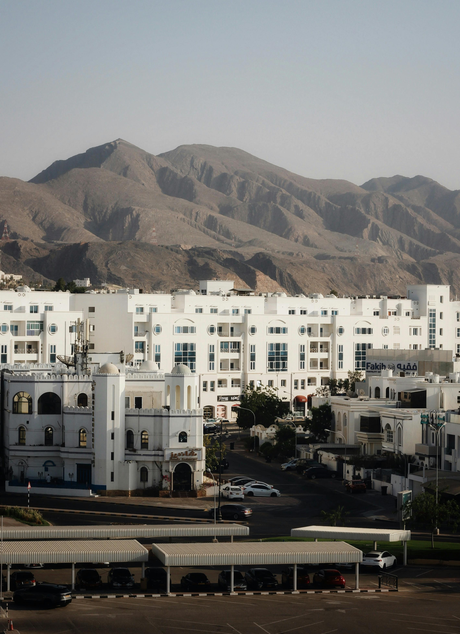 White buildings and arid mountains under a clear sky, showcasing city architecture.